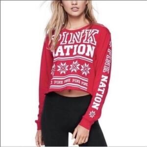 NWOT PINK Victoria's Secret PINK Nation Holiday Long Sleeve Crop Top Size Small